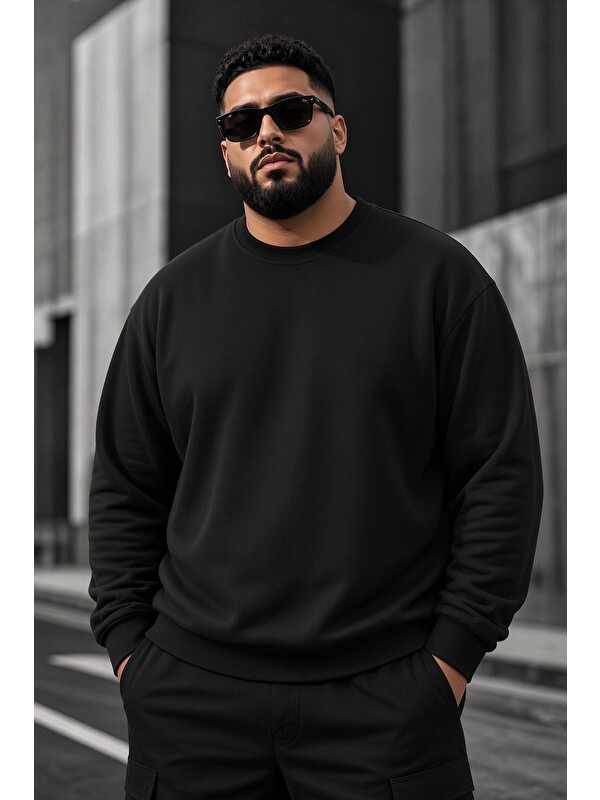 Oksit John Erkek İki İpli Şardonlu Düz Renk Günlük Battal Büyük Beden Bisiklet Yaka Sweatshirt