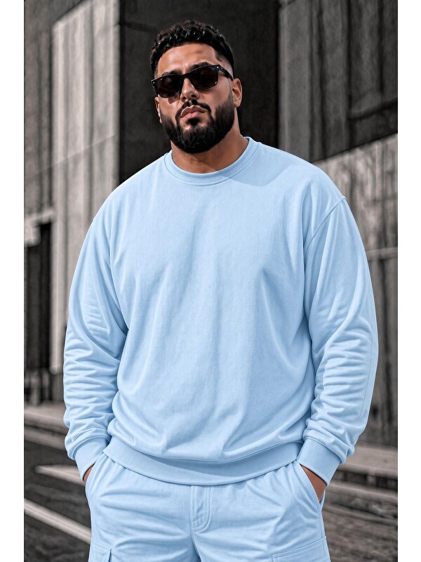 Oksit John Erkek İki İpli Şardonlu Düz Renk Günlük Battal Büyük Beden Bisiklet Yaka Sweatshirt