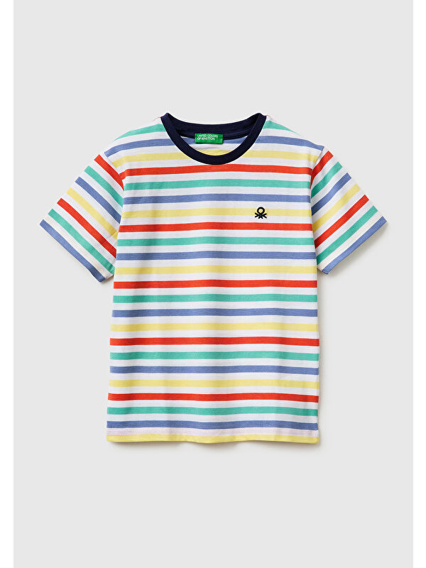 United Colors Of Benetton Erkek Çocuk Açık Mix İplik Boyalı Logo İşlemeli Çizgili Bisiklet Yaka T-Shirt