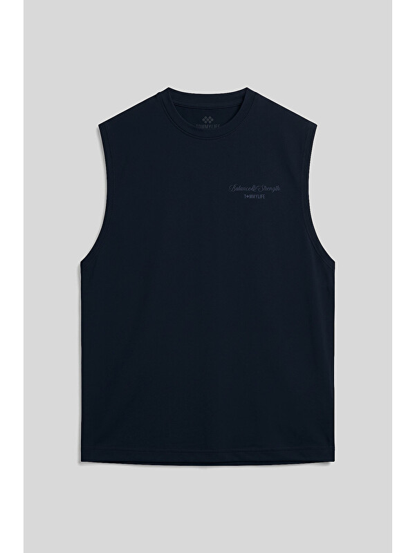 Tommylife Lacivert Rahat Form Baskılı Spor Performans Kolsuz Erkek Atlet - 88502