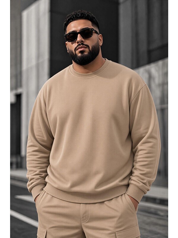 Oksit John Erkek İki İpli Şardonlu Düz Renk Günlük Battal Büyük Beden Bisiklet Yaka Sweatshirt