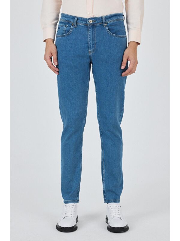 İMZA Koyu Mavi Gabardin 5 Cep Düz Paça Casual Slim Fit Pamuklu Denim Jean Pantolon 1023250155