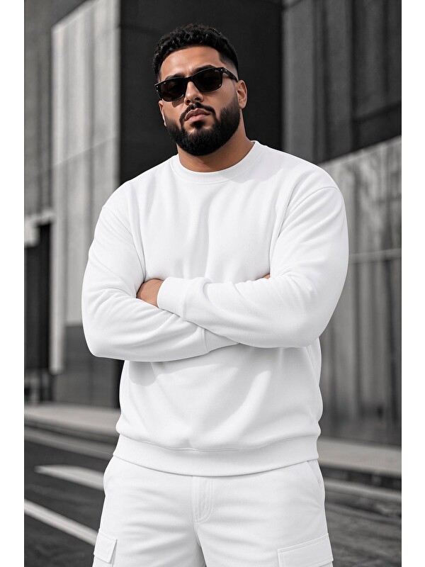 Oksit John Erkek İki İpli Şardonlu Düz Renk Günlük Battal Büyük Beden Bisiklet Yaka Sweatshirt