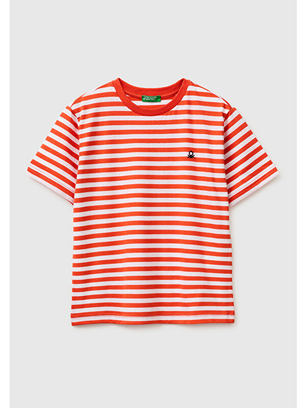United Colors Of Benetton Erkek Çocuk Kırmızı Mix Çok Renkli Logo İşlemeli Çizgili T-Shirt