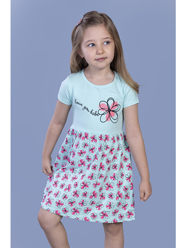 Toontoykids Kız Çocuk Çiçek Desenli Yazı Nakışlı Pullu Taş İşlemeli Elbise