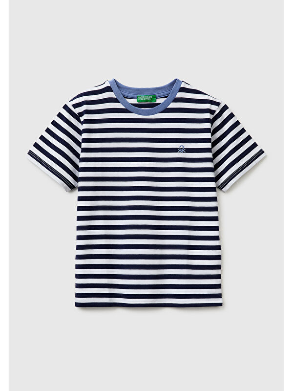 United Colors Of Benetton Erkek Çocuk Mavi Mix İplik Boyalı Logo İşlemeli Çizgili Bisiklet Yaka T-Shirt