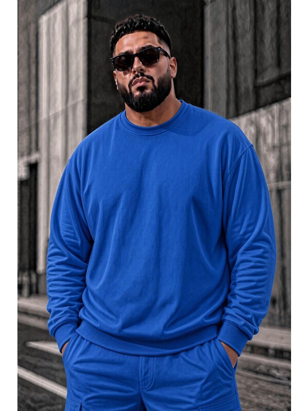 Oksit John Erkek İki İpli Şardonlu Düz Renk Günlük Battal Büyük Beden Bisiklet Yaka Sweatshirt