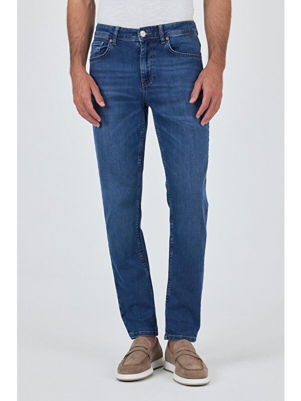 İMZA Lacivert Gabardin 5 Cep Düz Paça Casual Slim Fit Pamuklu Denim Jean Pantolon 1023250156