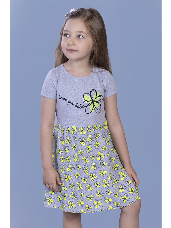 Toontoykids Kız Çocuk Çiçek Desenli Yazı Nakışlı Pullu Taş İşlemeli Elbise