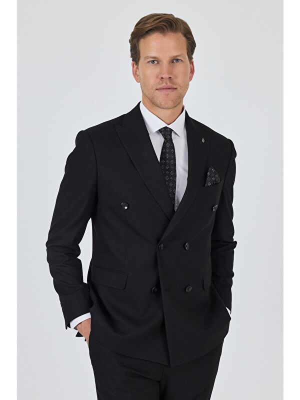 İMZA Siyah Kılıç Yaka Düz Kruvaze Classic Esnek Slim Fit Takım Elbise 1001250172
