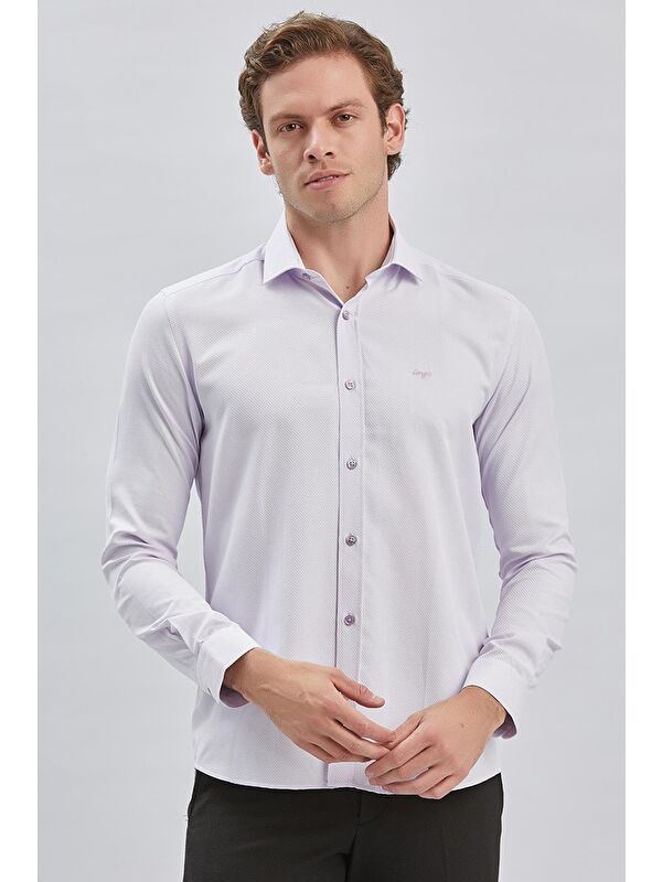 İMZA Lila Uzun Kol Kendinden Desenli Armürlü Yarım İtalyan Yaka Classic Slim Fit Gömlek 1004240250