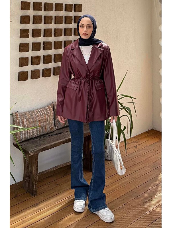 Lamelif Oversize Deri Ceket Bordo