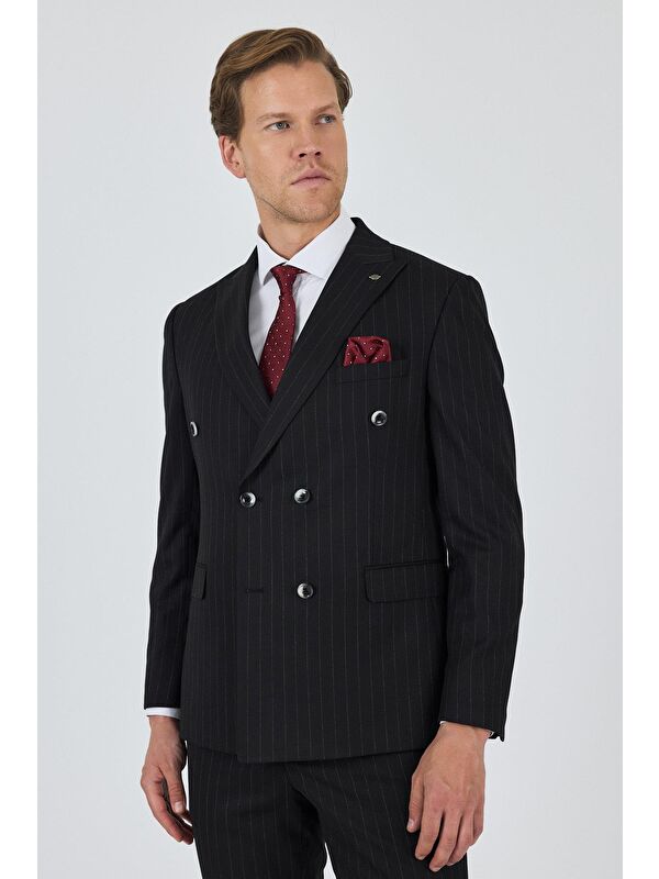 İMZA Siyah Kılıç Yaka Çizgili Desen Kruvaze Classic Esnek Slim Fit Takım Elbise 1001250173