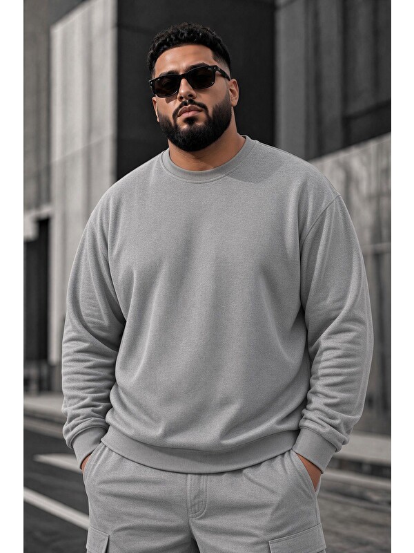 Oksit John Erkek İki İpli Şardonlu Düz Renk Günlük Battal Büyük Beden Bisiklet Yaka Sweatshirt