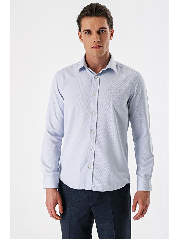 İMZA Koyu Lacivert Uzun Kollu Armürlü Cepsiz Pamuklu Slim Fit Gömlek 1004235171