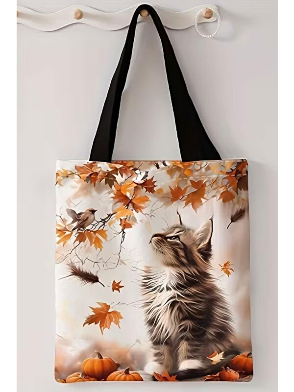Bagg Kanvas FERMUARLI Sonbahar Ve Kedi Baskılı Çanta