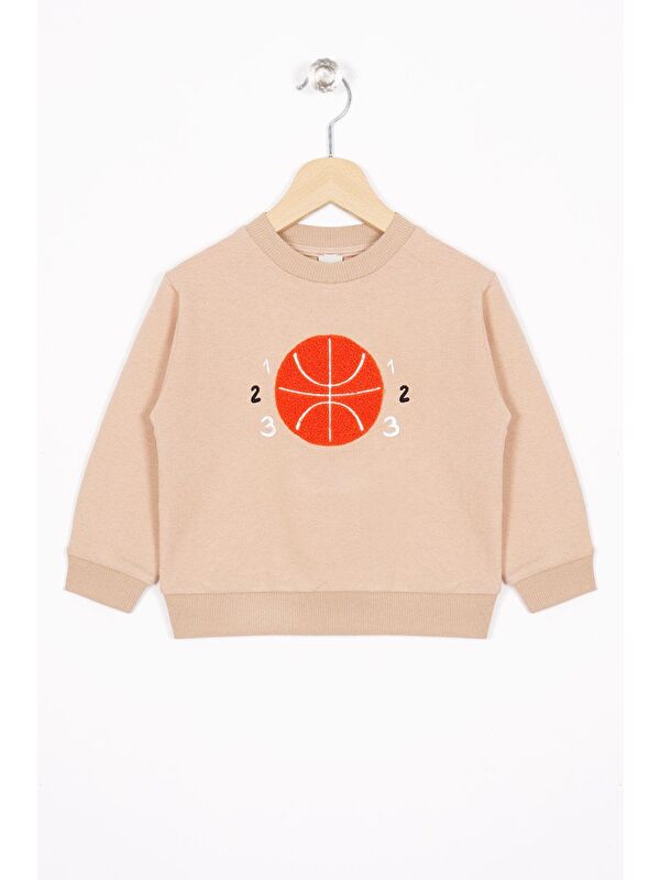 Zepkids Basket Topu Nakışlı Bej Renk Erkek Çocuk Sweatshirt