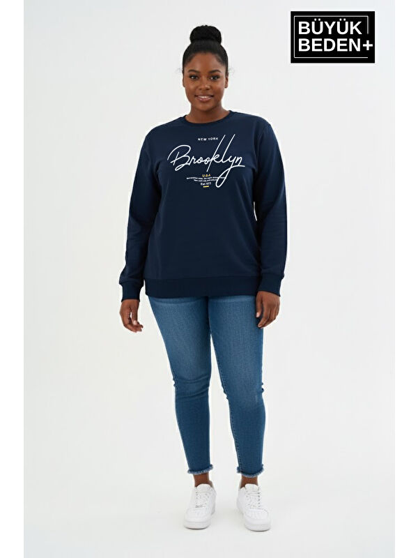 Süperlife Kadın Büyük Beden El Yazılı Brooklyn Baskılı Bisiklet Yaka İnce Sweatshirt SPR26BSWK956-6