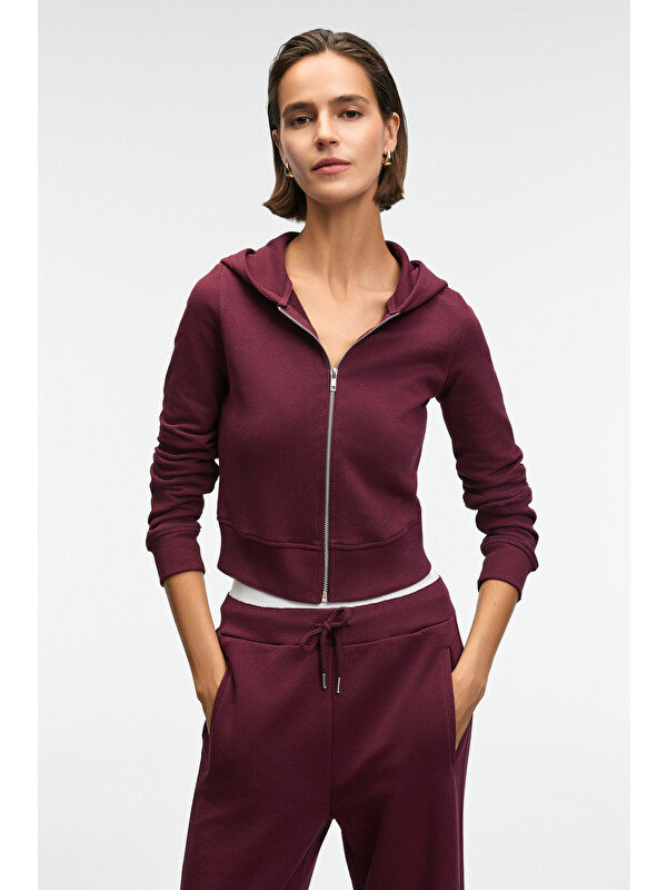 GRIMELANGE COSIMA Kadın Metal Fermuarlı Kapüşonlu Crop BORDO Sweatshirt