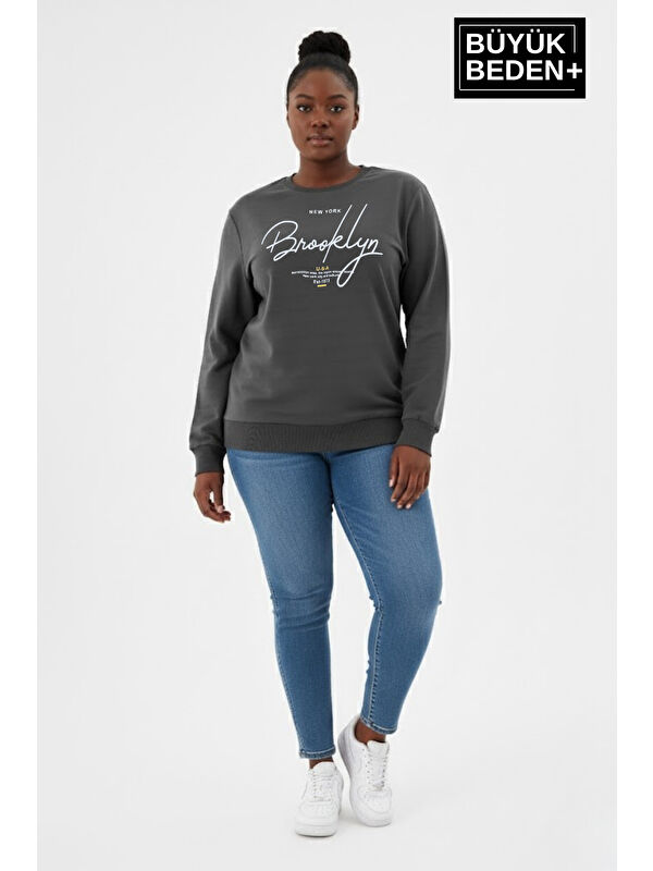 Süperlife Kadın Büyük Beden El Yazılı Brooklyn Baskılı Bisiklet Yaka İnce Sweatshirt SPR26BSWK956-6