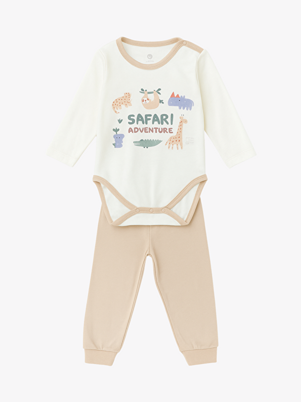 Luggi Baby Bisiklet Yaka Uzun Kollu Baskılı Erkek Bebek Çıtçıtlı Body ve Pantolon 2'li Takım