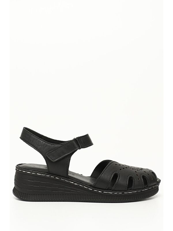 SİYAH Hakiki Deri Dolgu Tabanlı Kadın Sandalet 45885 - Görsel 2