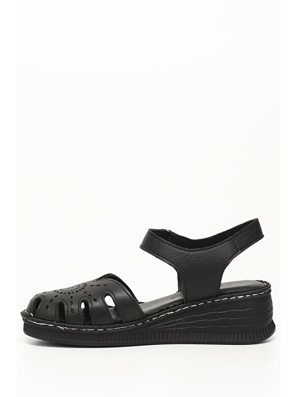 SİYAH Hakiki Deri Dolgu Tabanlı Kadın Sandalet 45885 - Görsel 4