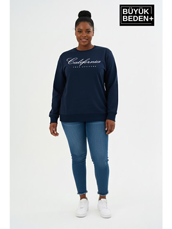 Süperlife Kadın Büyük Beden El Yazılı California Baskılı Bisiklet Yaka ince Sweatshirt SPR26BSWK956-7