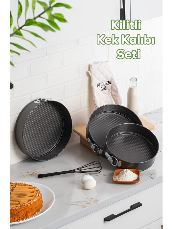 Porsima 912 3lü Yanmaz Yapışmaz Metal Kilitli Kelepçeli Yuvarlak Kek Kalıbı Seti
