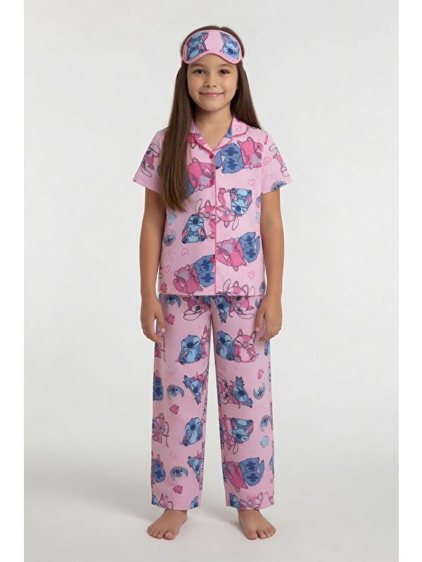 Cansın Mini Pembe Karakter Desenli Kısa Kol Kız Çocuk Göz Bantlı Pijama Takımı 24014