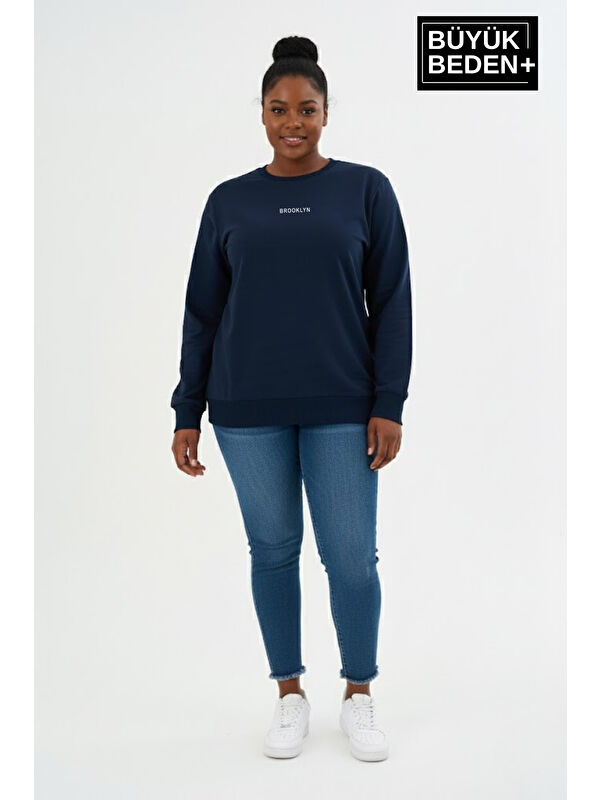 Süperlife Kadın Büyük Beden Orta Brooklyn Baskılı Bisiklet Yaka İnce Sweatshirt SPR26BSWK956-8