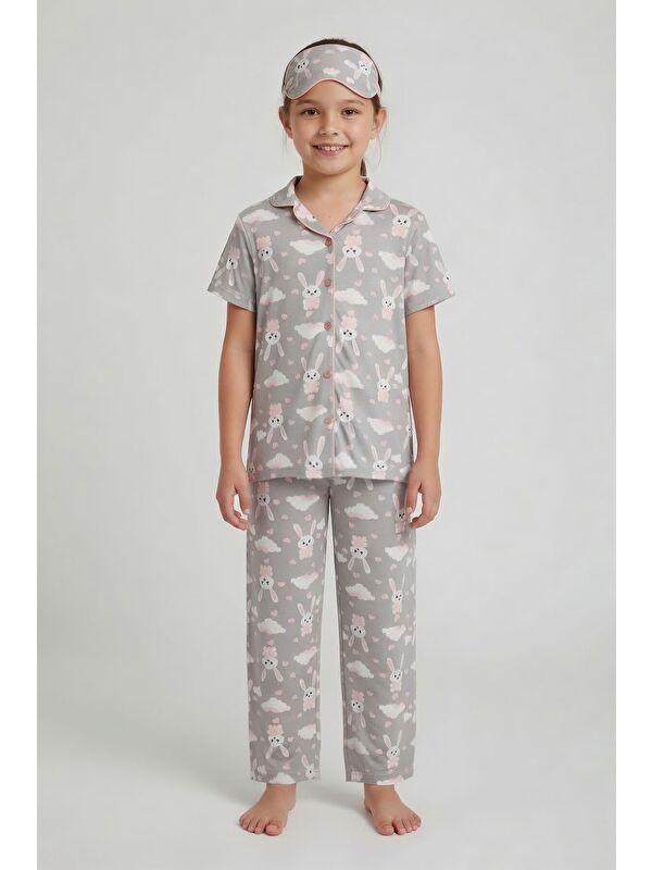 Cansın Mini Gri Tavşan Desenli Kısa Kol Kız Çocuk Göz Bantlı Pijama Takımı 24012