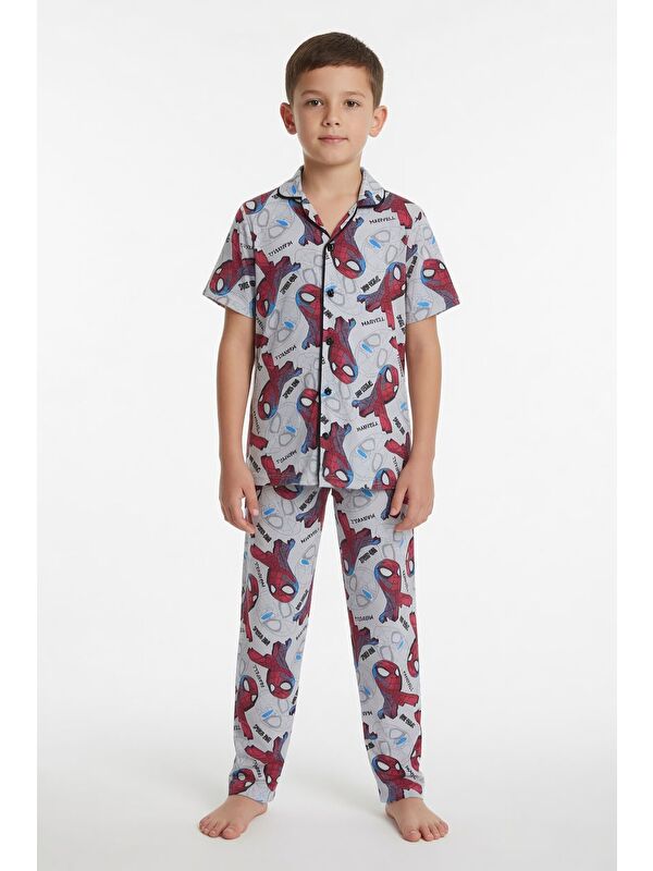 Cansın Mini Gri Örümcek Adam Baskılı Erkek Çocuk Düğmeli Pijama Takımı 24010