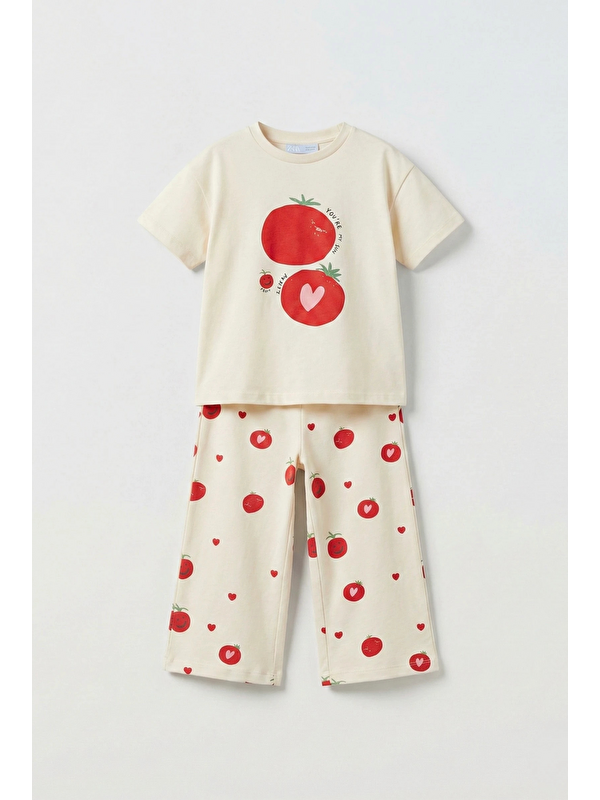 Magu Unisex Çocuk Pamuklu Krem Domates Baskılı T-Shirt Pantolon Takım - Yazlık