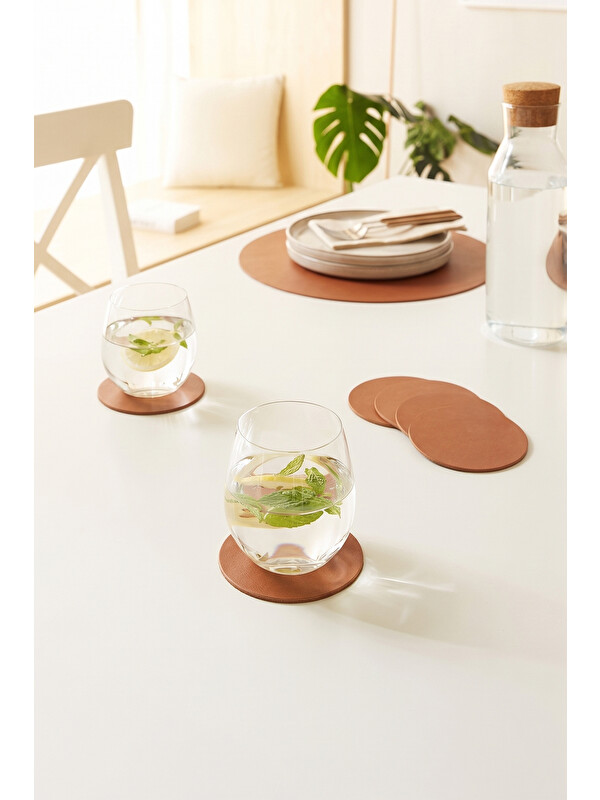 Home Wave 4'lü Taba/Gri Renk Suni Deri Bardak Altlığı Ø 10 cm