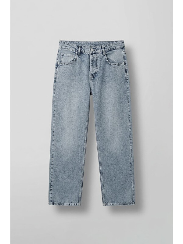 Abluka Online Erkek Baggy Fit Yıkamalı Düz Paça Jean Pantolon Açık Mavi