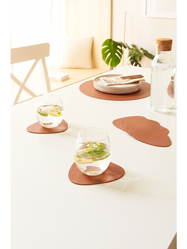 Home Wave 4'lü Taba/Gri Renk Suni Deri Bardak Altlığı 13 x 11.5 cm