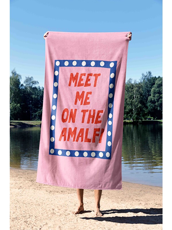 Asdiva Meet Me On The Amalfi Yazılı Pembe Tasarım Plaj Havlusu 75x150