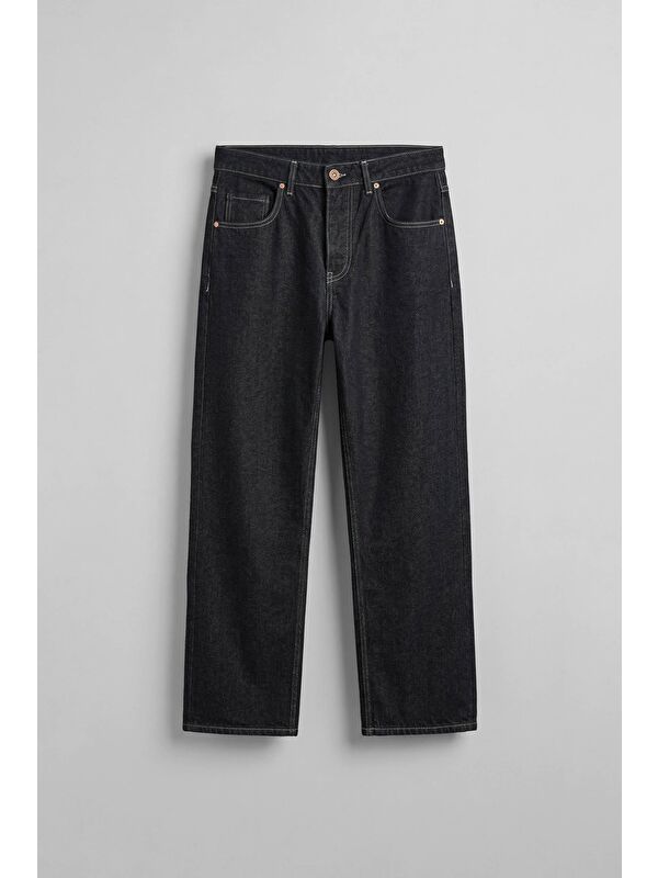 Abluka Online Erkek Baggy Fit Kontrast Dikişli Jean Pantolon Siyah