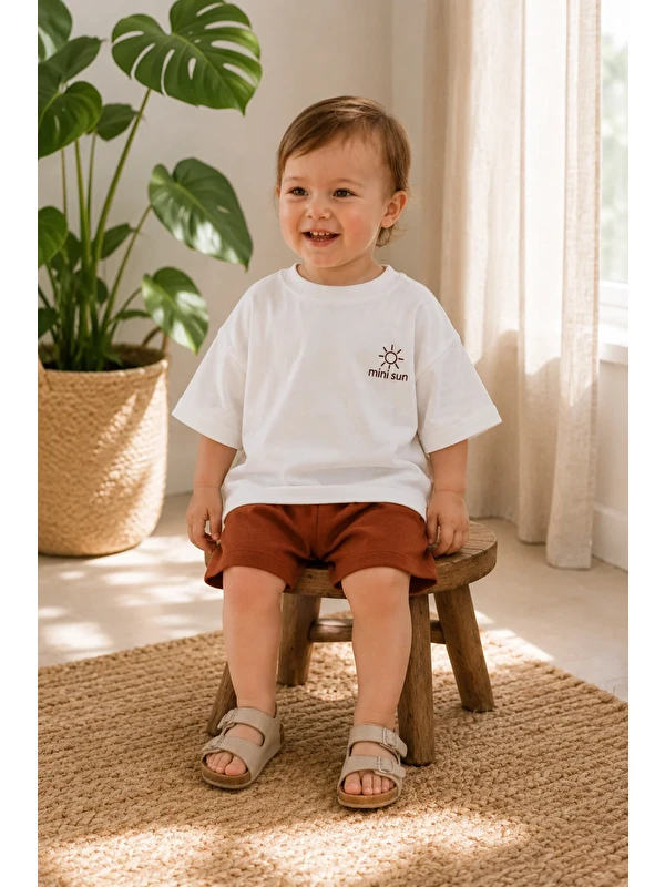 Mai Perla Unisex Çocuk Mini Sun Baskılı Oversize Tişört Şort Yazlık Takım 1-5 Yaş