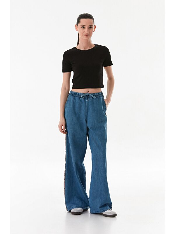 Fullamoda Beli Bağlamalı Yanları Şeritli Wide Leg Jean