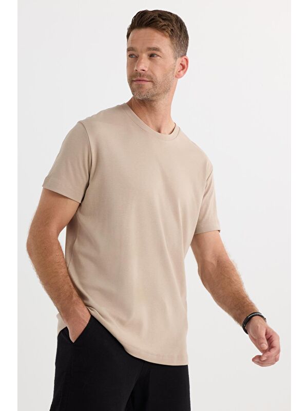 TUDORS Unisex Relax Fit Rahat Kesim %100 Pamuk Yumuşak Dokulu Hafif Kalın Bej Bisiklet Yaka Tişört
