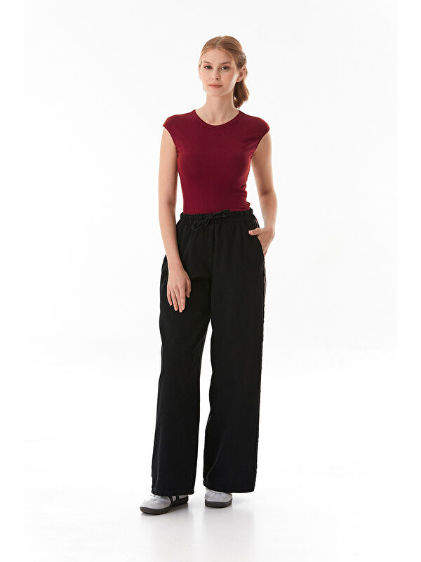 Fullamoda Beli Bağlamalı Yanları Şeritli Wide Leg Jean