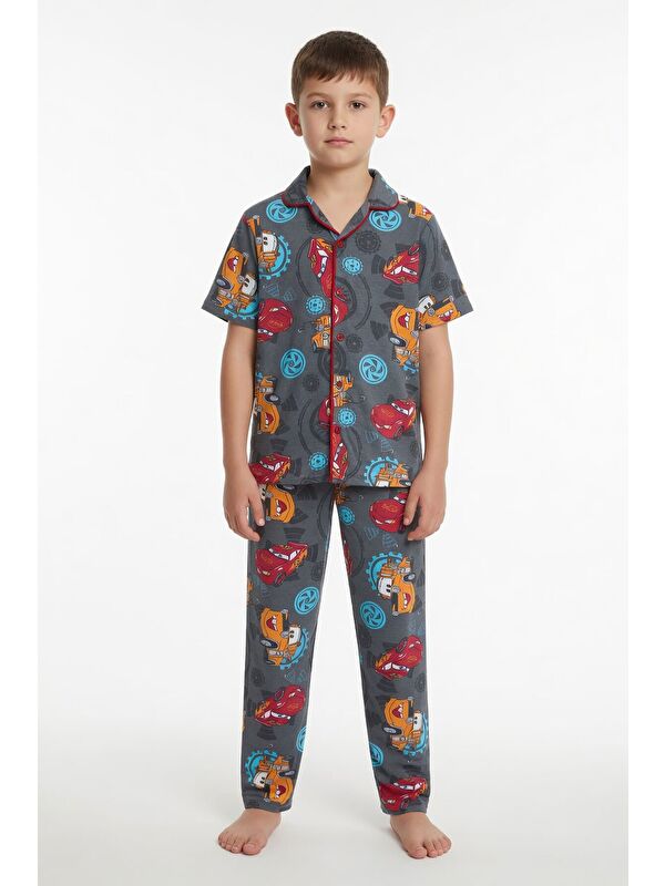 Cansın Mini Gri Yarış Arabası Desenli Erkek Çocuk Pijama Takımı 24009