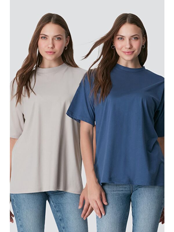 C&City Bisiklet Yaka Kısa Kol 2'Li Casual Basic T-Shirt 961 İndigo/Gri