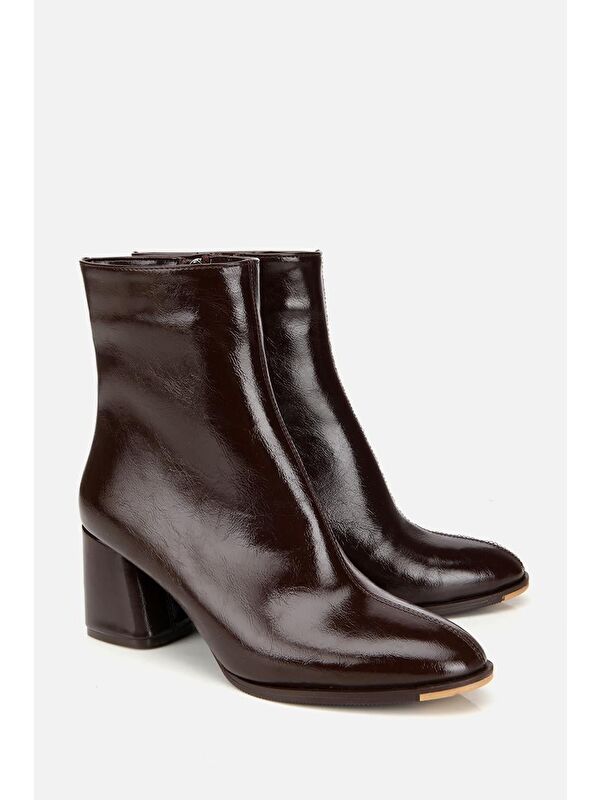 Yaya By Hotiç Kahverengi Yaya By Hotiç Yaya By Kadın Rugan Fermuarlı Kalın Topuklu Bot