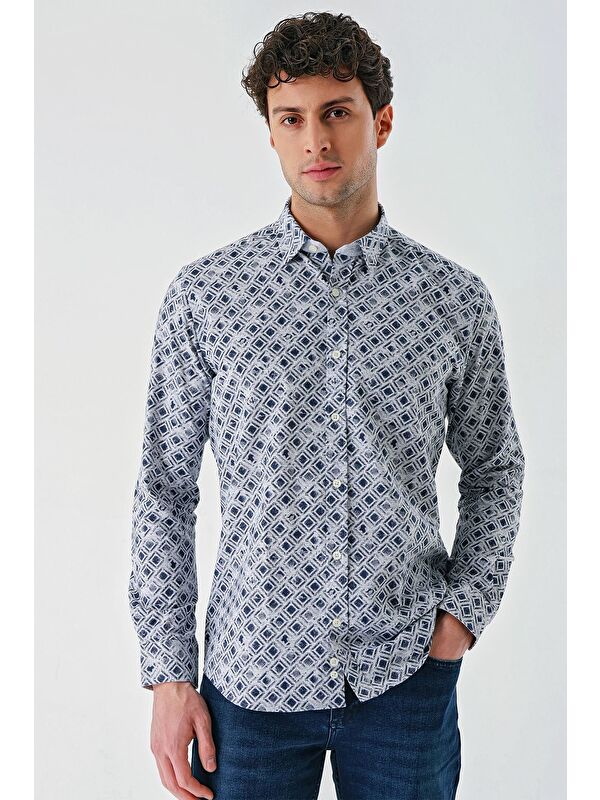İMZA Koyu Mavi Uzun Kollu Baskılı Garnili Pamuklu Casual Slim Fit Dar Kesim Gömlek 1004240211