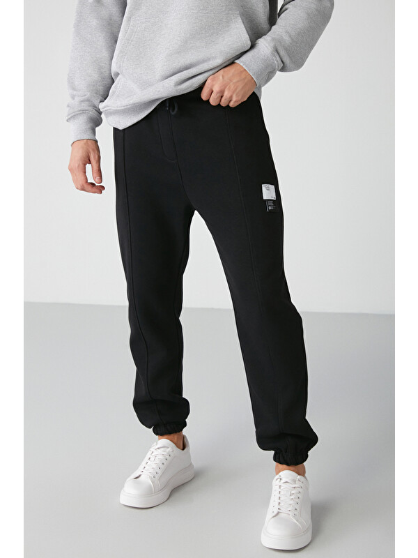GRIMELANGE ROWAN Erkek Organik Pamuklu Relaxed Fit İçi Polarlı Süs etiketli Jogger SİYAH Eşofman Altı