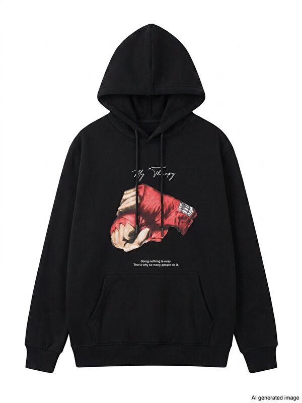 Jane's Unisex Kapüşonlu Üç İplik Oversize Baskılı Kapüşonlu Sweatshirt - Siyah
