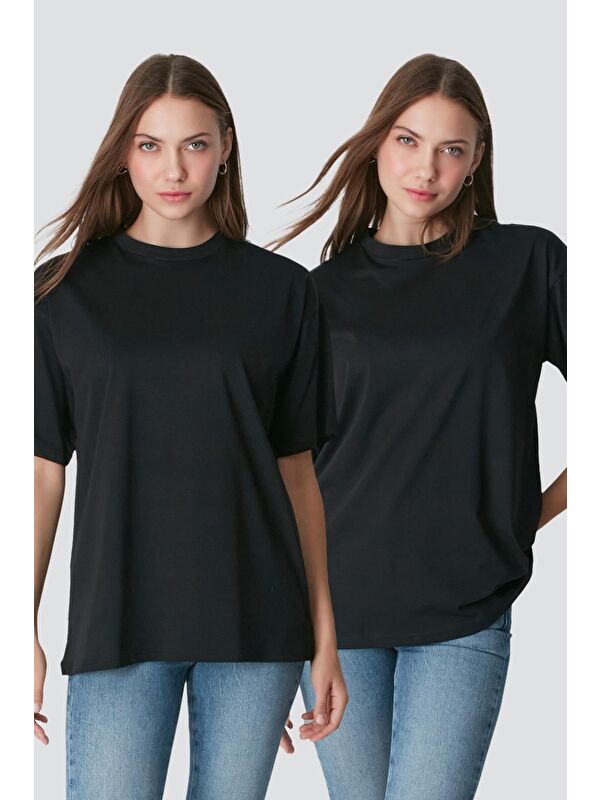C&City Bisiklet Yaka Kısa Kol 2'Li Casual Basic T-Shirt 961 Siyah